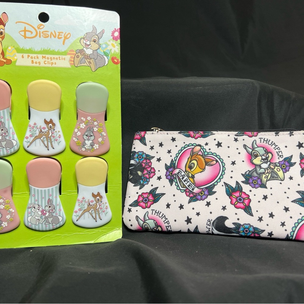 Bambi and Thumper AOP Tattoo Print Loungefly Makeup Bag and Magnetic Bag Clips